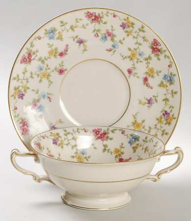 Arcadia (Gold Trim) Footed Cream Soup Bowl & Saucer Set