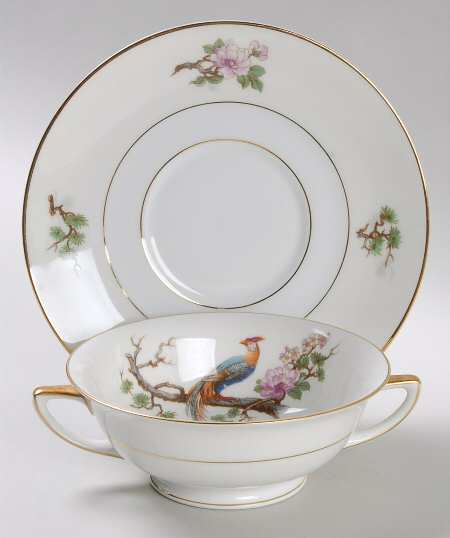 Bird of Paradise Footed Cream Soup Bowl & Saucer Set