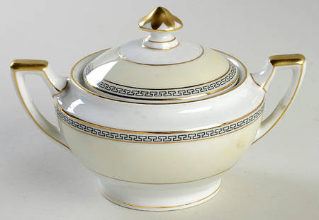 Greek Key Black (Cream Rim, White Center) Sugar Bowl & Lid