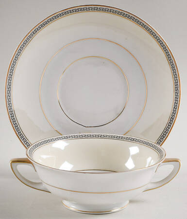 Greek Key Black (Cream Rim, White Center) Footed Cream Soup Bowl & Saucer Set