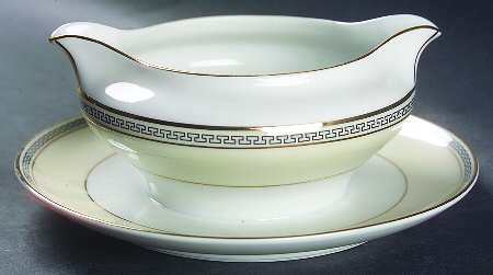 Greek Key Black (Cream Rim, White Center) Gravy Boat with Attached Underplate