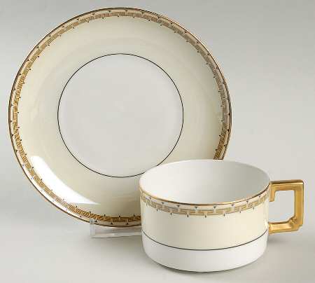 Greek Key Black (Cream Rim, White Center) Flat Cup & Saucer Set