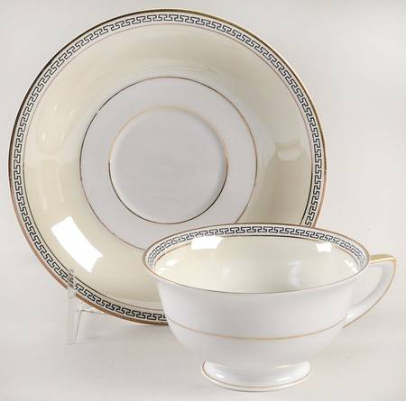 Greek Key Black (Cream Rim, White Center) Footed Cup & Saucer Set