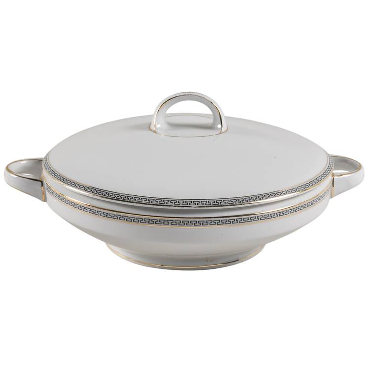 Greek Key Black (White Background) Round Covered Vegetable