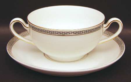 Greek Key Black (White Background) Flat Bouillon Cup & Saucer