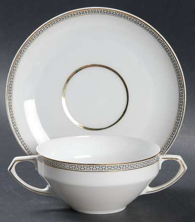 Greek Key Black (White Background) Flat Bouillon Cup & Saucer