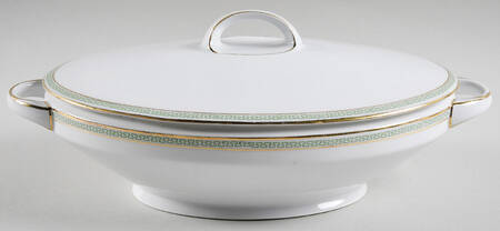 Greek Key Green Oval Covered Vegetable