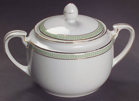 Greek Key Green Sugar Bowl & Lid