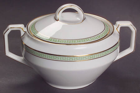 Greek Key Green Sugar Bowl & Lid