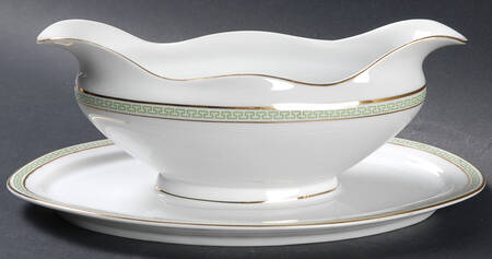 Greek Key Green Gravy Boat with Attached Underplate