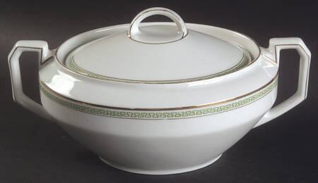 Greek Key Green Small Oval Covered Vegetable
