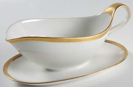 Greek Key Gold Gravy Boat with Attached Underplate