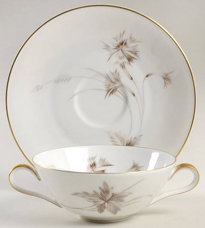 Sepia (White, Gold Trim) Flat Cream Soup Bowl & Saucer Set