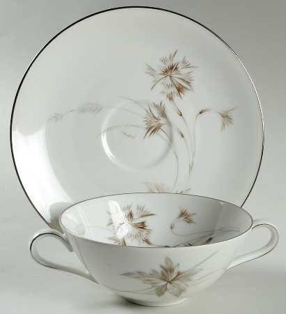 Sepia (White, Platinum Trim) Flat Cream Soup Bowl & Saucer Set
