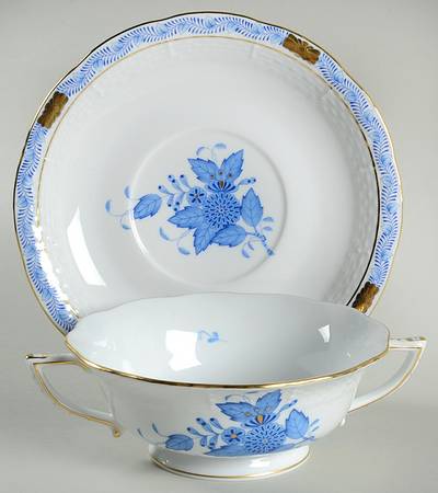 Chinese Bouquet Blue (AB) Footed Cream Soup Bowl & Saucer Set