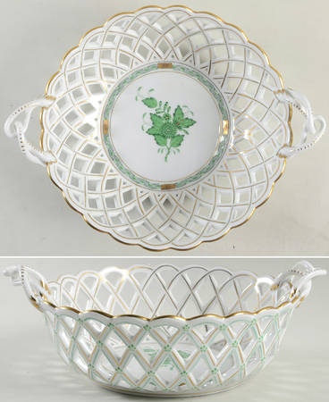 Chinese Bouquet Green (AV) 8" Round Open Weave Basket by Herend