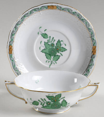 Chinese Bouquet Green (AV) Footed Cream Soup Bowl & Saucer Set