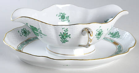 Chinese Bouquet Green (AV) Gravy Boat with Attached Underplate