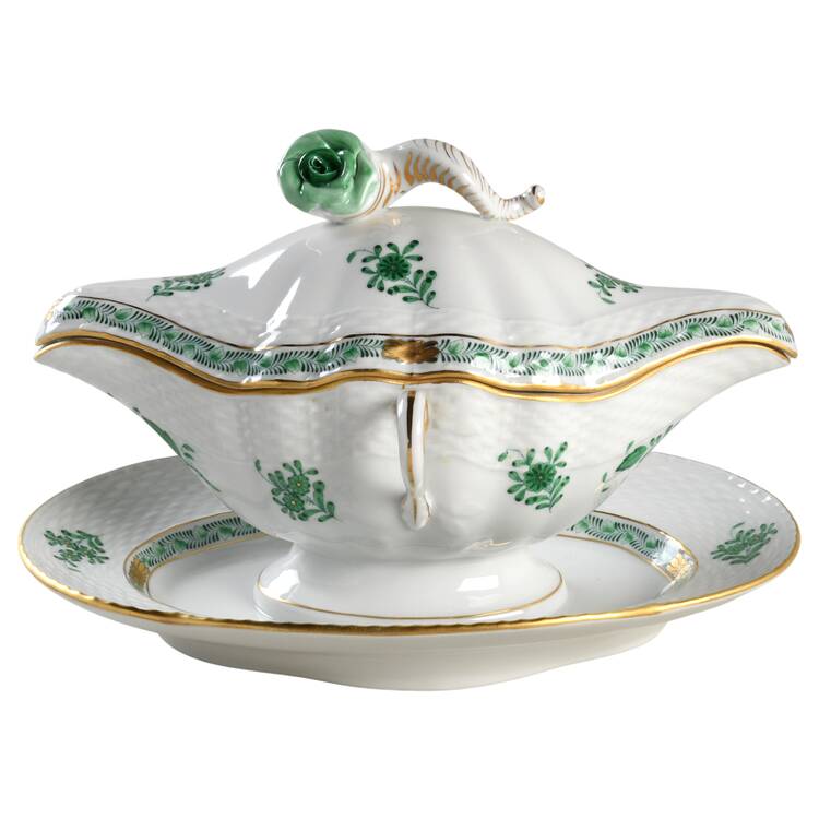 Chinese Bouquet Green (AV) Gravy Boat w/Attached Underplate & Lid