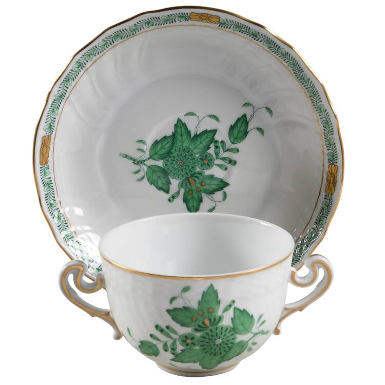 Chinese Bouquet Green (AV) Flat Cream Soup Bowl & Saucer Set