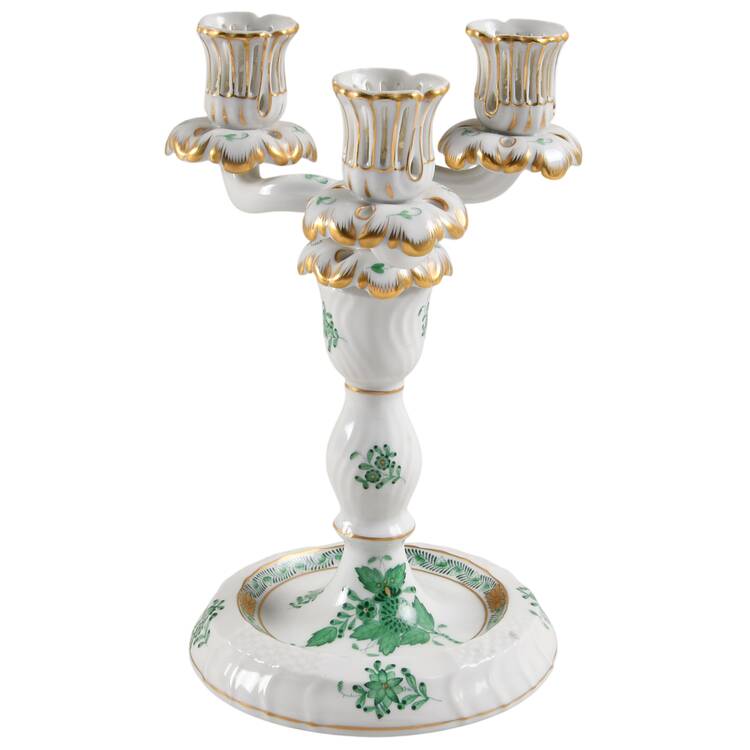 Chinese Bouquet Green (AV) 9" 3 Light Candlestick W/Wire Hole