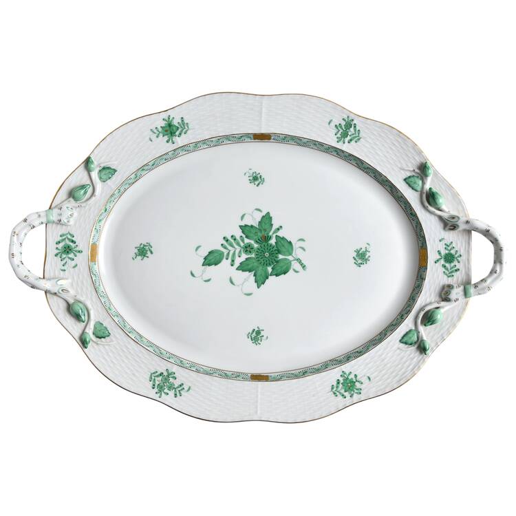 Chinese Bouquet Green (AV) 18" Oval Handled Platter by Herend