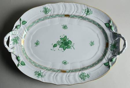 Chinese Bouquet Green (AV) 15" Oval Handled Platter