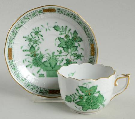 Chinese Bouquet Green (AV) Footed Demitasse Cup & Saucer Set