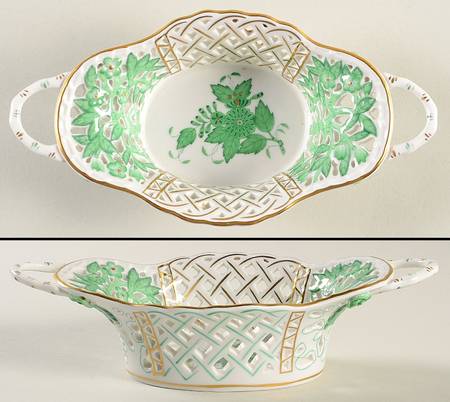 Chinese Bouquet Green (AV) 7" Handled Oval Open Weave Basket