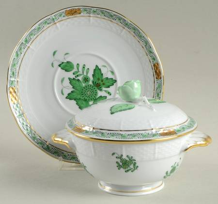 Chinese Bouquet Green (AV) Footed Bouillon Cup and Saucer with Lid