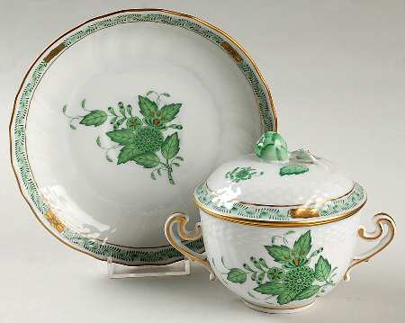 Chinese Bouquet Green (AV) Flat Cream Soup Bowl & Saucer Set with Lid