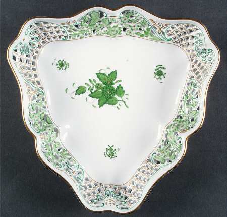 Chinese Bouquet Green (AV) Triangular Open Weave Basket by Herend