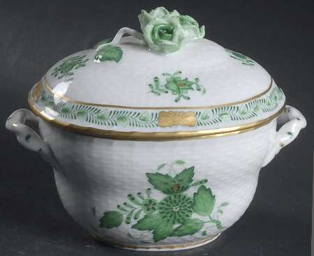Chinese Bouquet Green (AV) 4" Oval Bon Bon & Lid