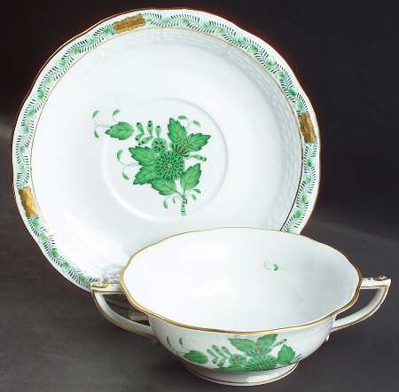 Chinese Bouquet Green (AV) Footed Cream Soup Bowl & Saucer Set