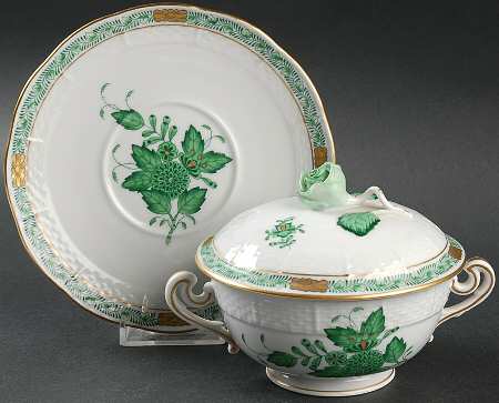 Chinese Bouquet Green (AV) Cream Soup Bowl & Saucer Set with Lid by Herend