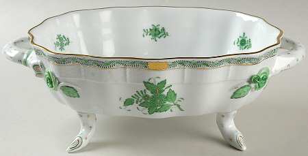 Chinese Bouquet Green (AV) 10" Oval 4-Toed Bowl