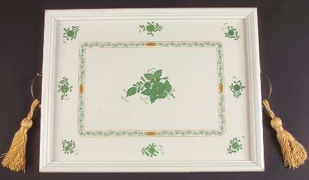 Chinese Bouquet Green (AV) Wood Rectangular Handled Tray