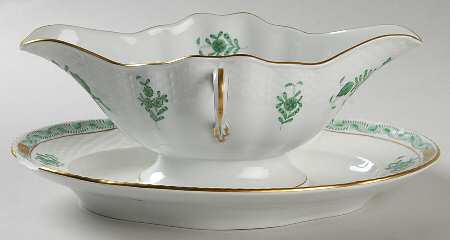 Chinese Bouquet Green (AV) Gravy Boat with Attached Underplate