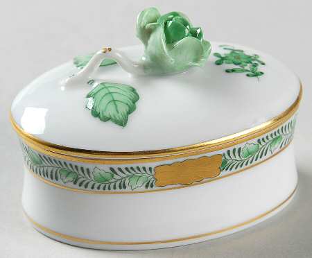 Chinese Bouquet Green (AV) Mini Oval Box & Lid by Herend