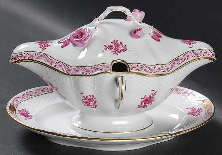 Chinese Bouquet Raspberry (AP) Gravy Boat w/Attached Underplate & Lid