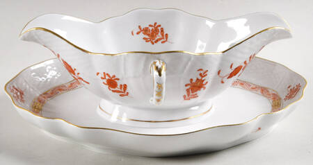 Chinese Bouquet Rust (AOG) Gravy Boat with Attached Underplate by Herend