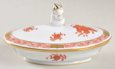 Chinese Bouquet Rust (AOG) Oval Box W/Mandarin Finial by Herend