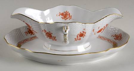 Chinese Bouquet Rust (AOG) Gravy Boat with Attached Underplate by Herend
