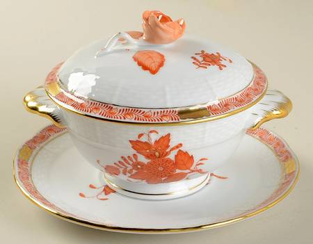 Chinese Bouquet Rust (AOG) Footed Bouillon Cup and Saucer with Lid