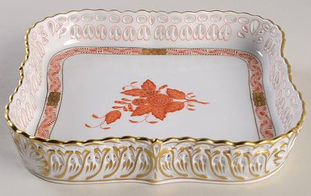 Chinese Bouquet Rust (AOG) Square Openwork Gallery Tray by Herend