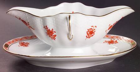 Chinese Bouquet Rust (AOG) Gravy Boat with Attached Underplate