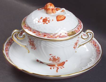 Chinese Bouquet Rust (AOG) Cream Soup Bowl & Saucer Set with Lid