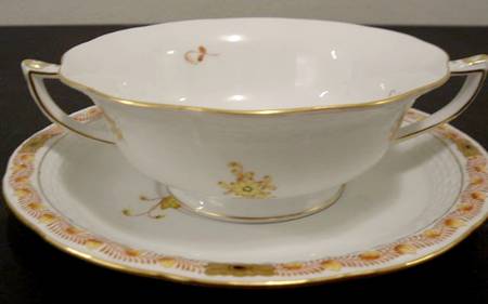 Chinese Bouquet Yellow (AJ) Footed Cream Soup Bowl & Saucer Set