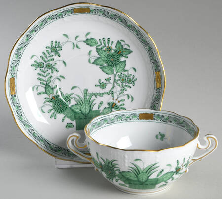 Indian Basket Green (FV) Flat Cream Soup Bowl & Saucer Set