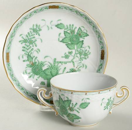 Indian Basket Green (FV) Flat Cream Soup Bowl & Saucer Set